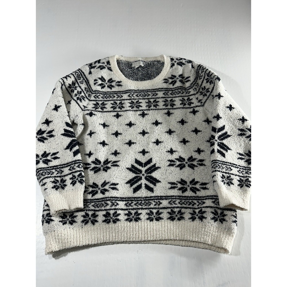 Barefoot Dreams CozyChic Fair Isle Pullover sweater in cream and black
